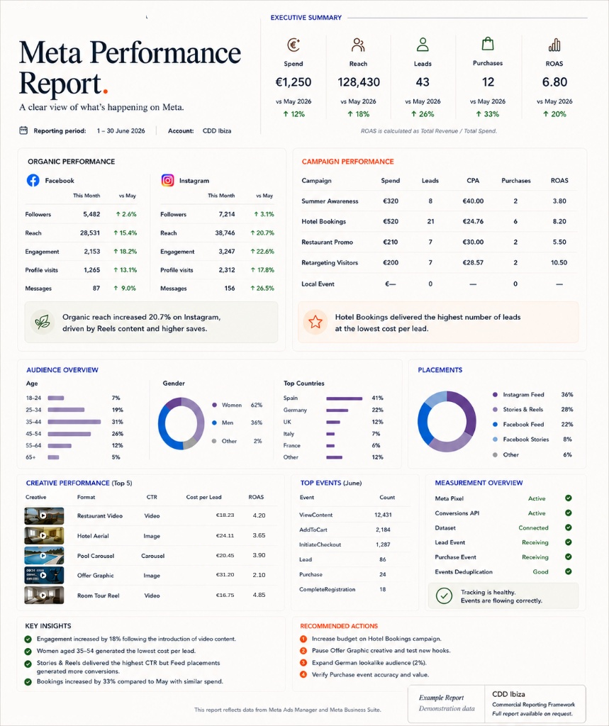 Meta Performance Report showing executive summary, organic performance, campaign performance, audience overview, placements, creative performance, top events and measurement overview.